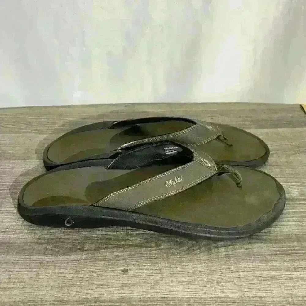 OluKai Ohana Men's Beach Sandals - Black/ Green‎ Size 14